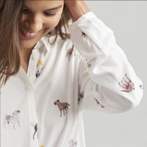 Joules Elvina Dog Print Button Up Shirt White Blouse LS Women's Size 2 H13483 - Picture 5 of 14